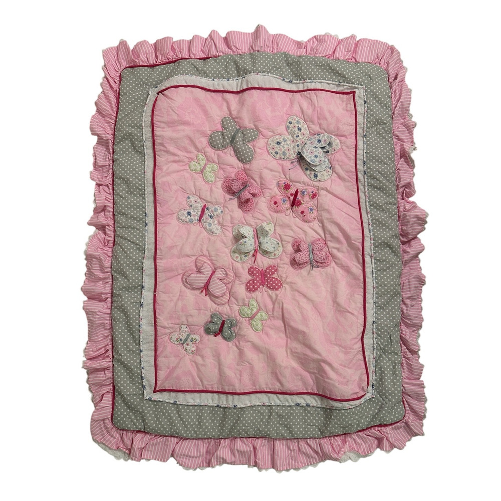 Just Born Antique Chic Pink Gray Butterfly Blanket Quilt Applique Ruffles Girly